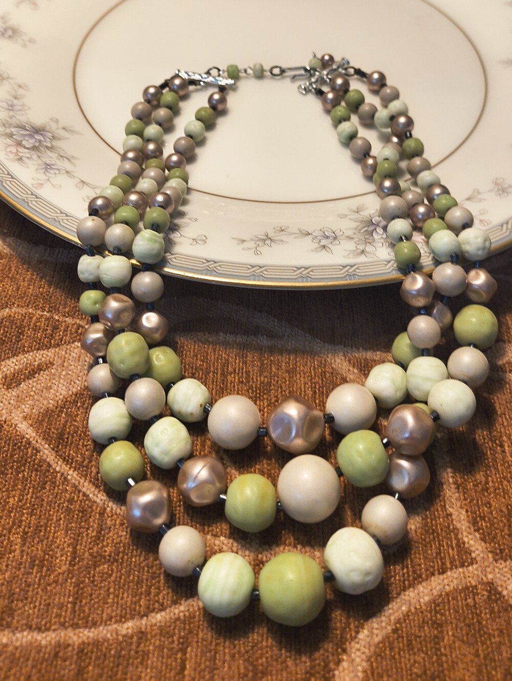 Vtg Rare Ceramic Glass Japan Green Bead Necklace Multi Strand MCM Chunky